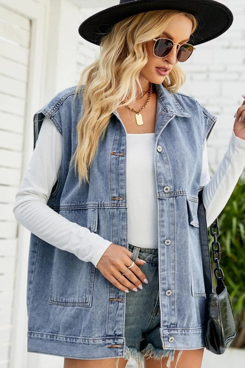 FADED DENIM BUTTON UP FLAT POCKET COLLAR VEST Ribbed Neckline