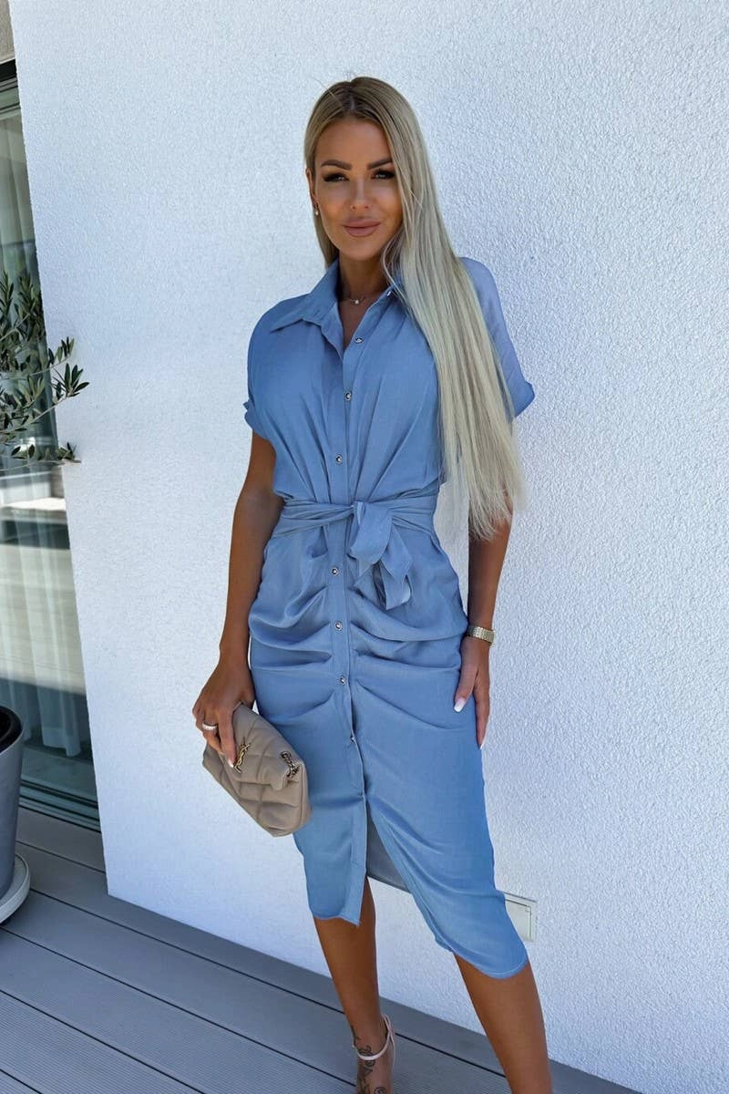 BATWING SLEEVE BELTED SINGLE BREASTED SHIRT DRESS_CWDSD2978 MultiPanel Design PocketDetails