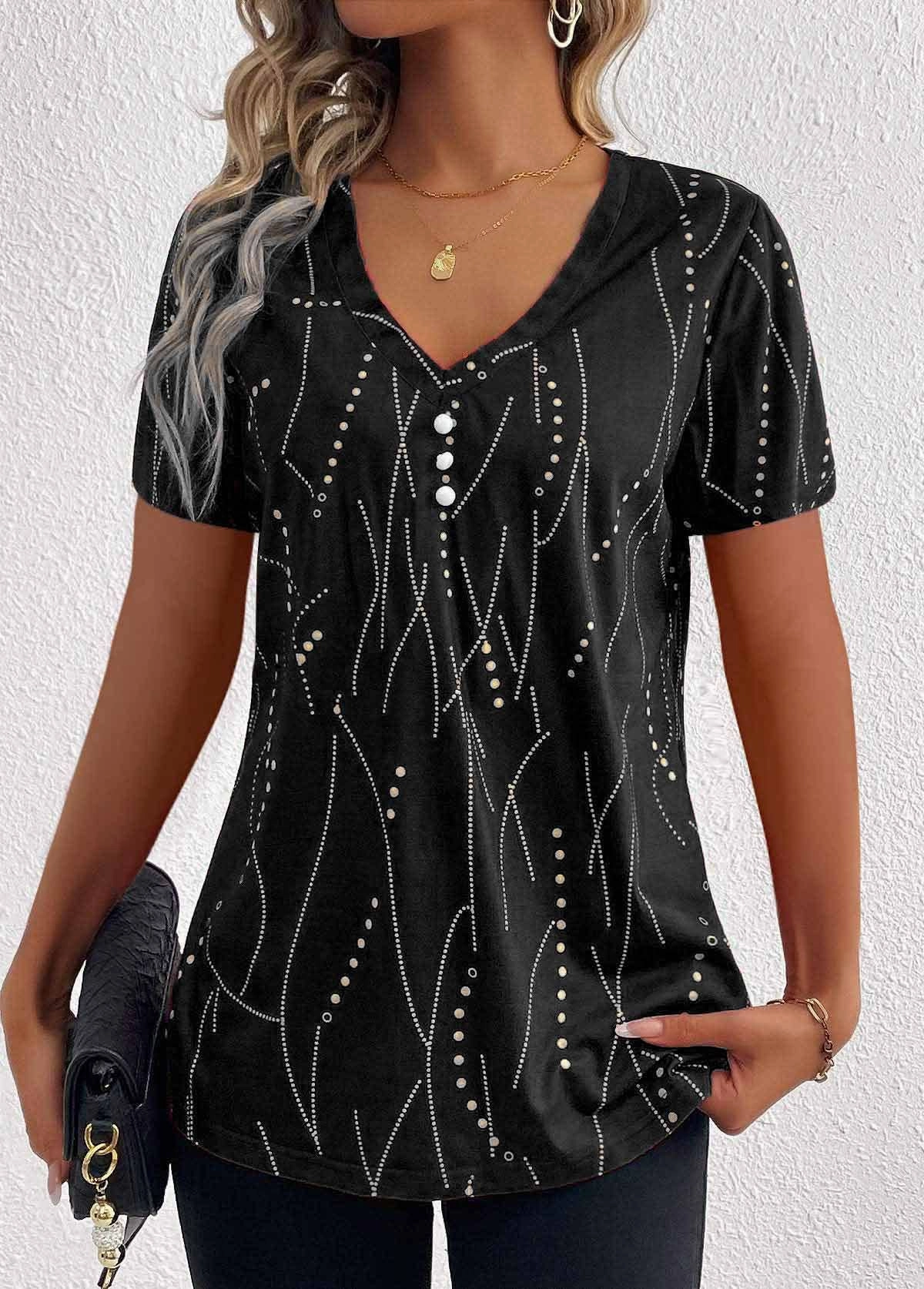 Contemporary Cut BUTTON DOT V-NECK SHORT-SLEEVED BLOUSE_CWTBLS0939