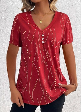 BUTTON DOT V-NECK SHORT-SLEEVED BLOUSE_CWTBLS0939 WaterResistant