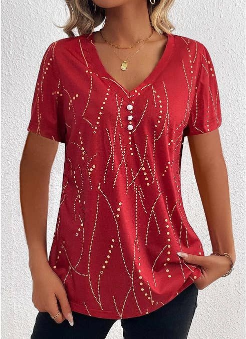 BUTTON DOT V-NECK SHORT-SLEEVED BLOUSE_CWTBLS0939 WaterResistant