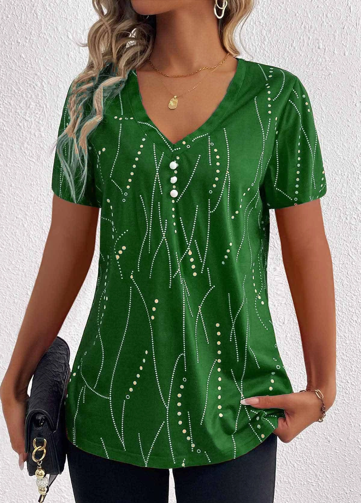BUTTON DOT V-NECK SHORT-SLEEVED BLOUSE_CWTBLS0939 Tapered Side Panels Odor Resistant Coating