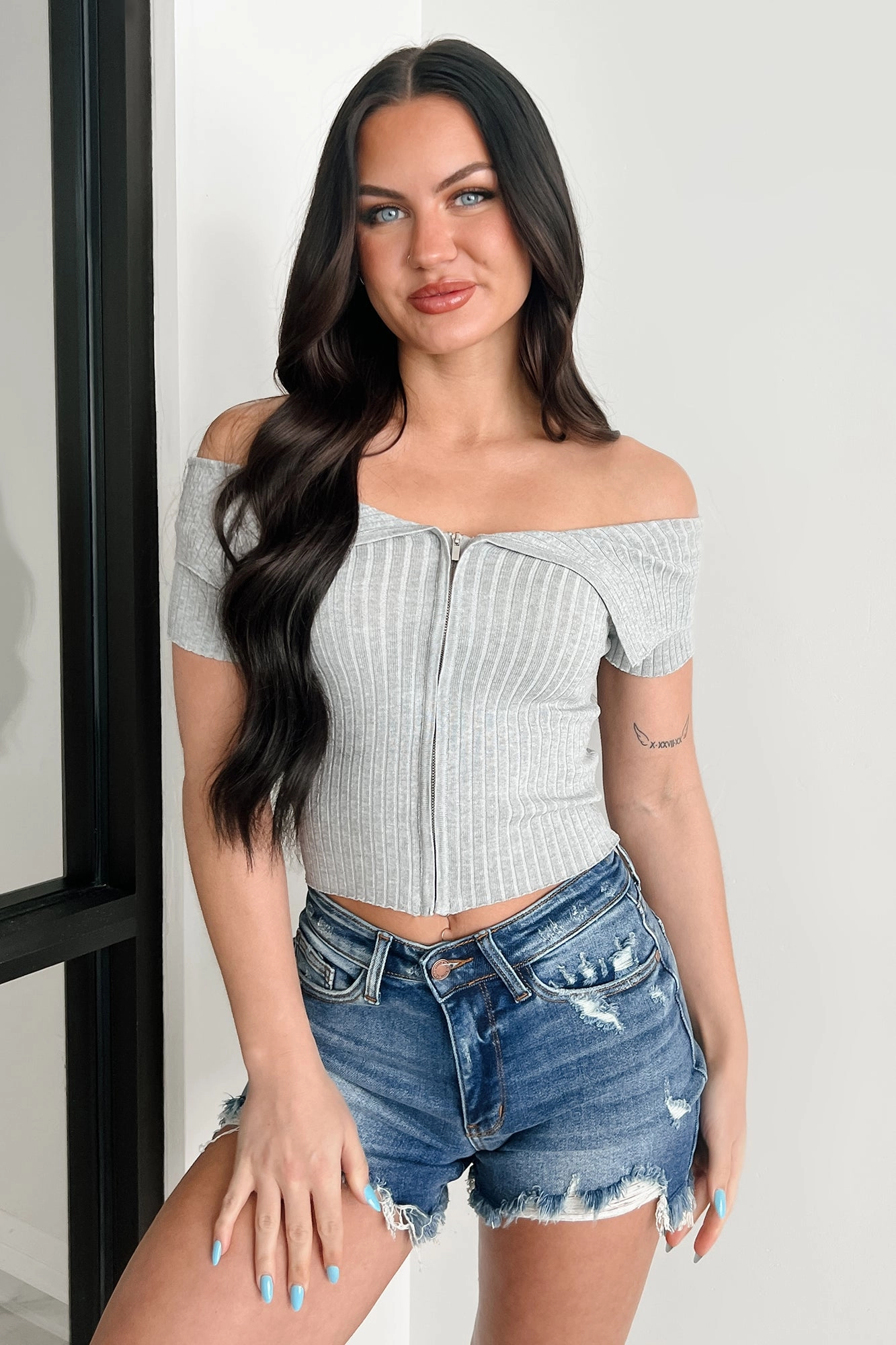 Relaxed Yet Refined Off Shoulder Zip-Up Top (Heather Grey) Textured Weave Hidden Zipper