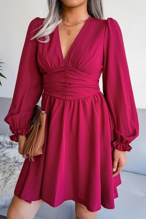 WOMEN EMPIRE SLIM WAIST SEXY V NECK RUFFLE DRESS FlexibleClosure