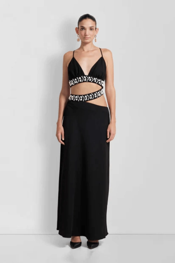 La Playa Maxi Dress Noir Pearl-Detail Street Casual