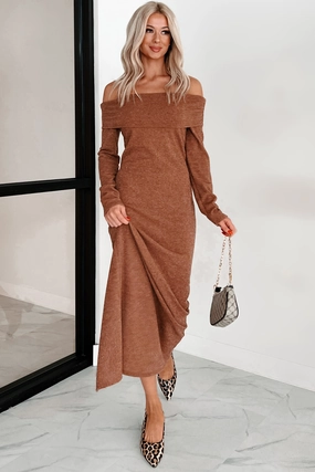 Tanya Off The Shoulder Sweater Maxi Dress (Brown) UV-Resistant