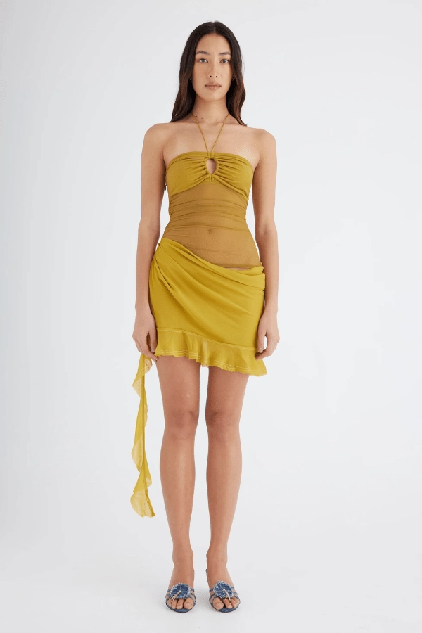 Trendy And Comfortable Mesh-Sleeve Cody Mini Dress Wasabi
