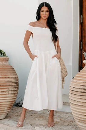 ruffle trim Elevated Decisions Off The Shoulder Smocked Midi Dress (Snow)
