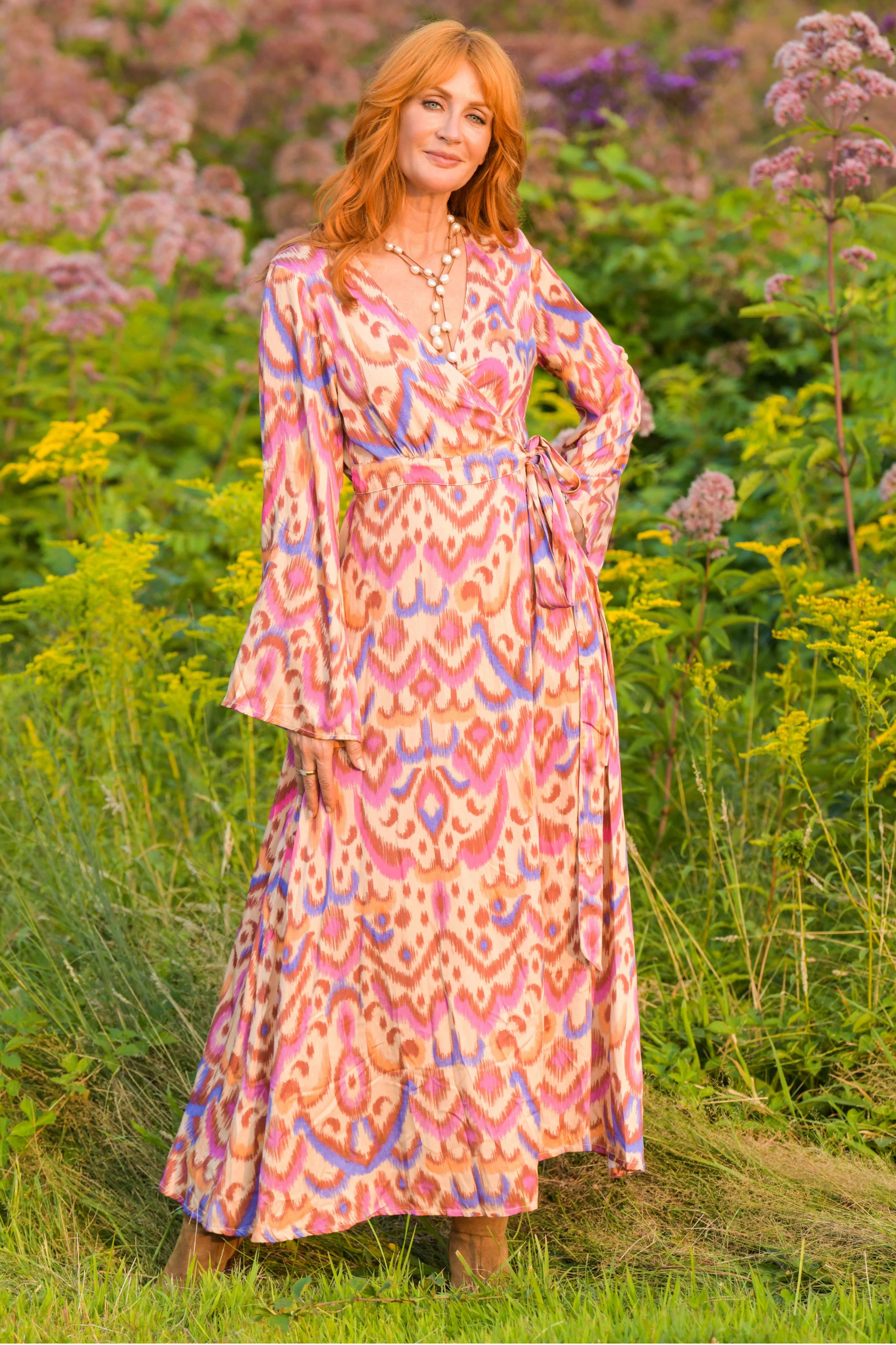 Bianca Dress / Purple Brown Ikat Smart Waist Design Pose Sweet