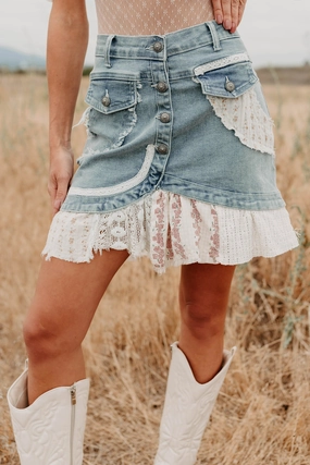Mood Dressing Let's Stick Together Patchwork Mini POL Skirt (Denim)