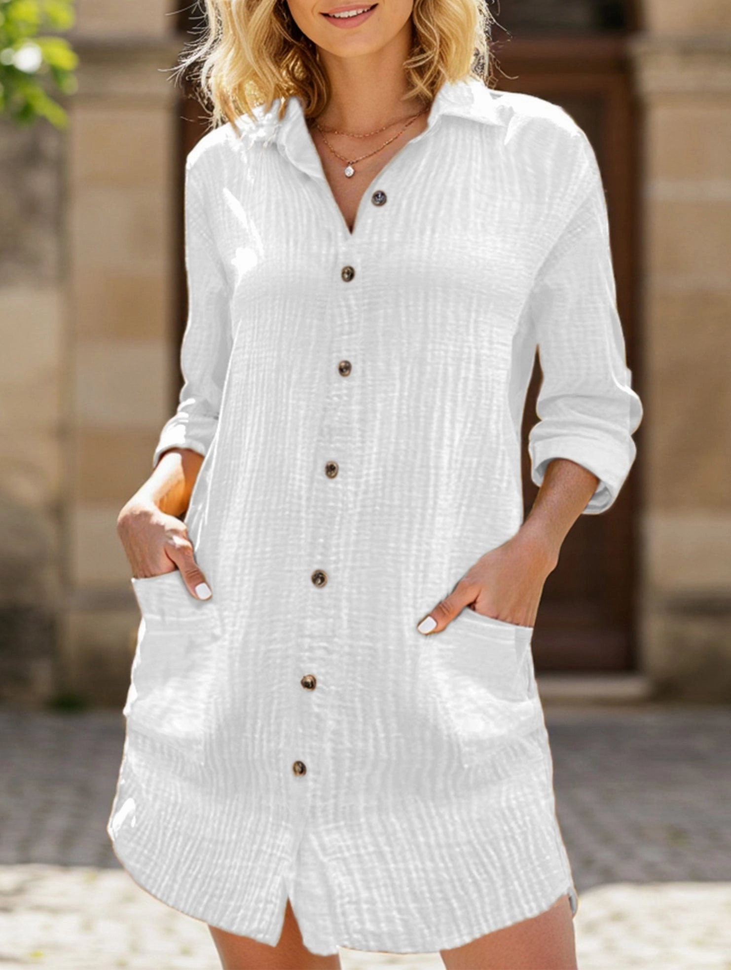 Square-Neck ElasticWaistband Loose waist top solid color shirt dress