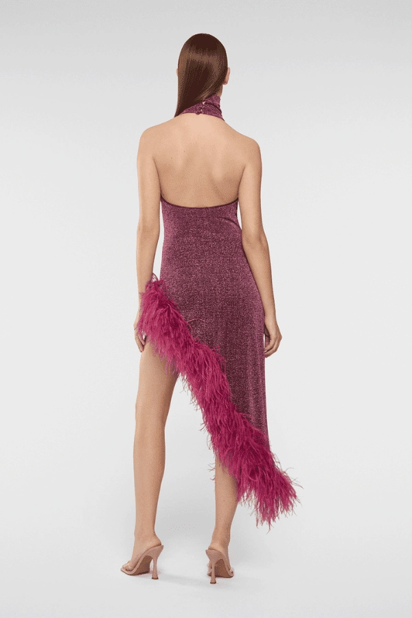 Red Carpet Quick Glam Lumiere Plumage Turtleneck Dress Aubergine