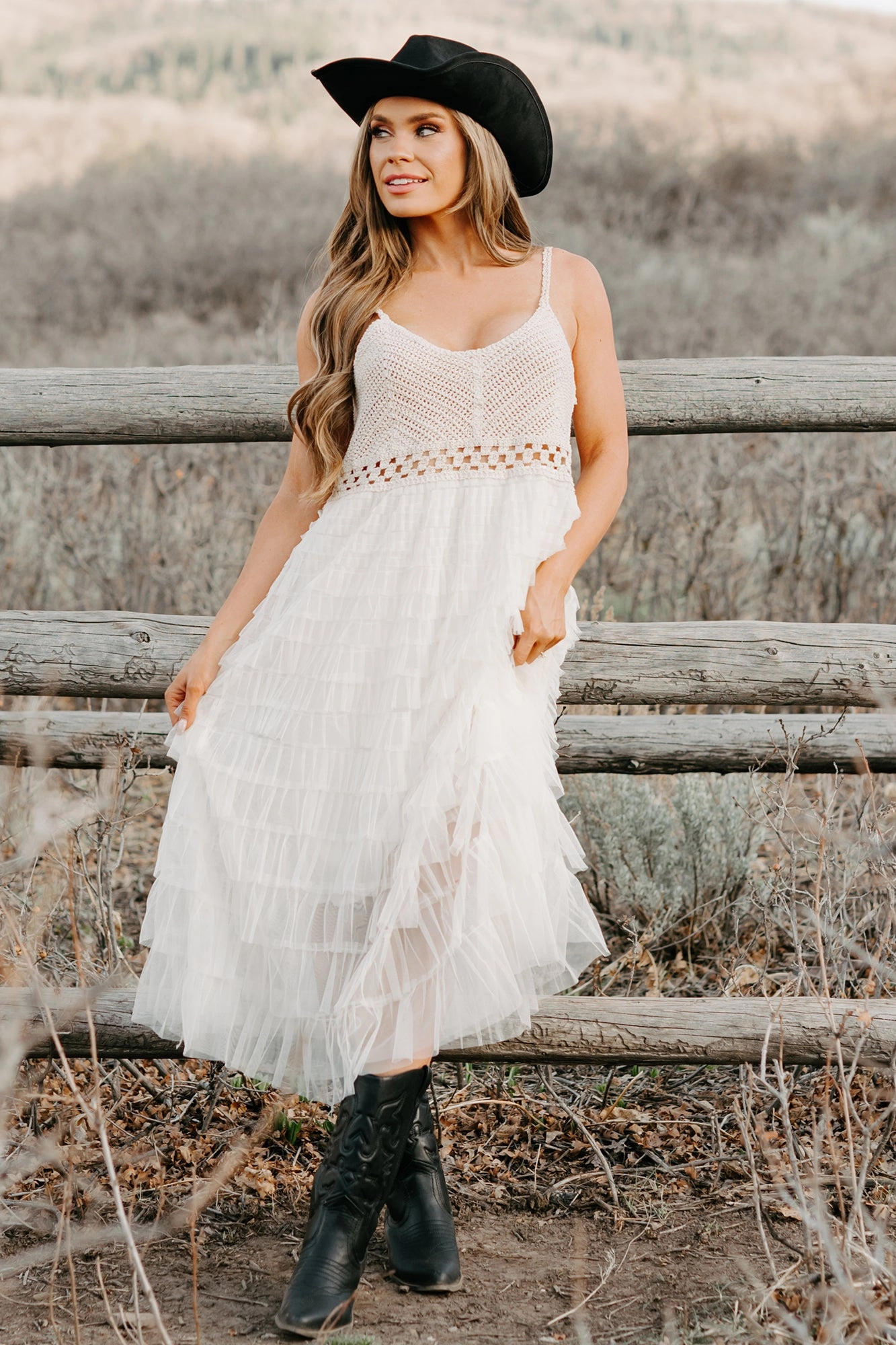 Sunlit Serenity Crochet Ruffle POL Dress (Natural) Elegant Cut