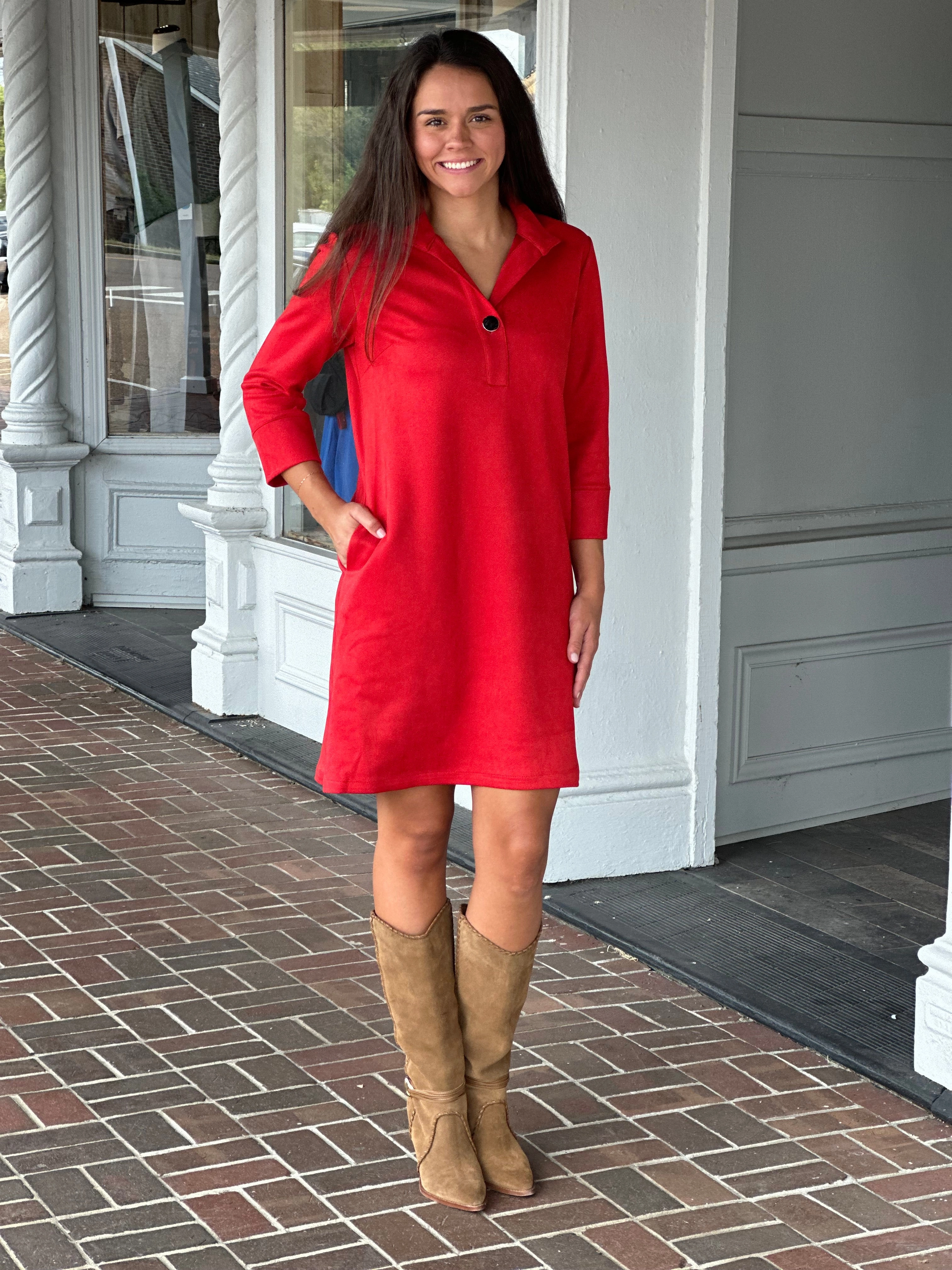 Perre Poppy Red Three Quarter Sleeve Clifton Dress Timeless Comfort Moment Glow