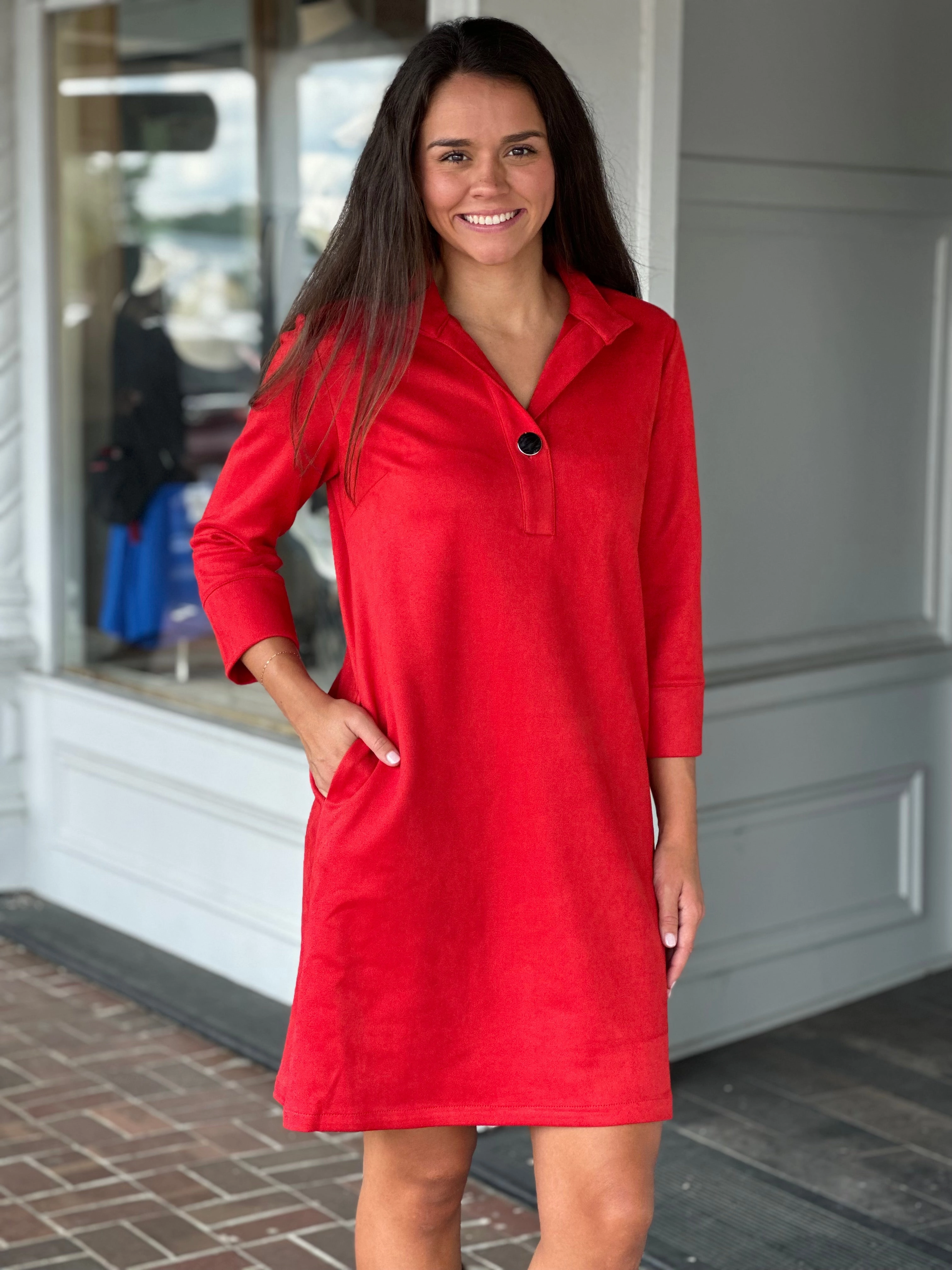 Perre Poppy Red Three Quarter Sleeve Clifton Dress Elegant Waist