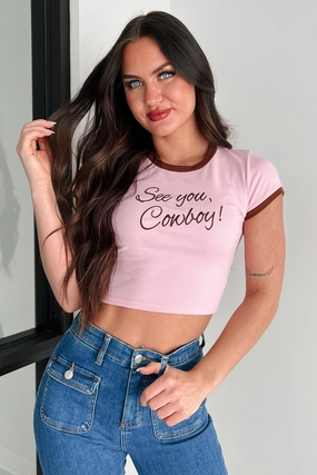 "See You, Cowboy" Embroidered Tee (Strawberry) Four Way Stretch Drop Shoulder