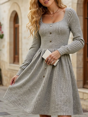 Free Step MultiPurposePockets Long-sleeved square-neck solid-color dress