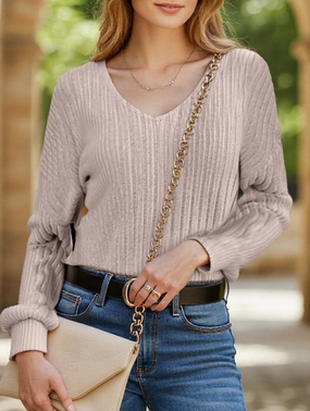 High Neckline Fashionable V-neck long-sleeved sweater