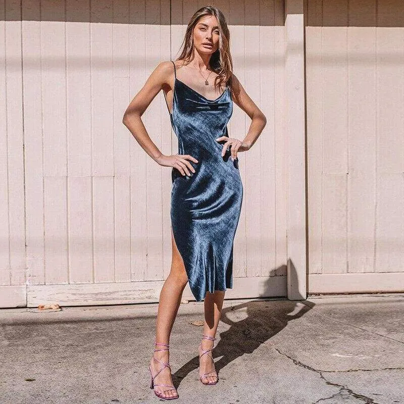 FashionSierra - New Elegant Women Sexy Solid Split Sleveless V Neck Glitter Dress Ladies Bandage Bodycon Evening Party Formal Dress