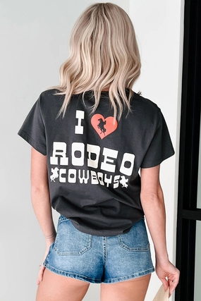 Casual Button-Down Self Cleaning Coating "I Love Rodeo Cowboys" Graphic T-Shirt (Vintage Black)