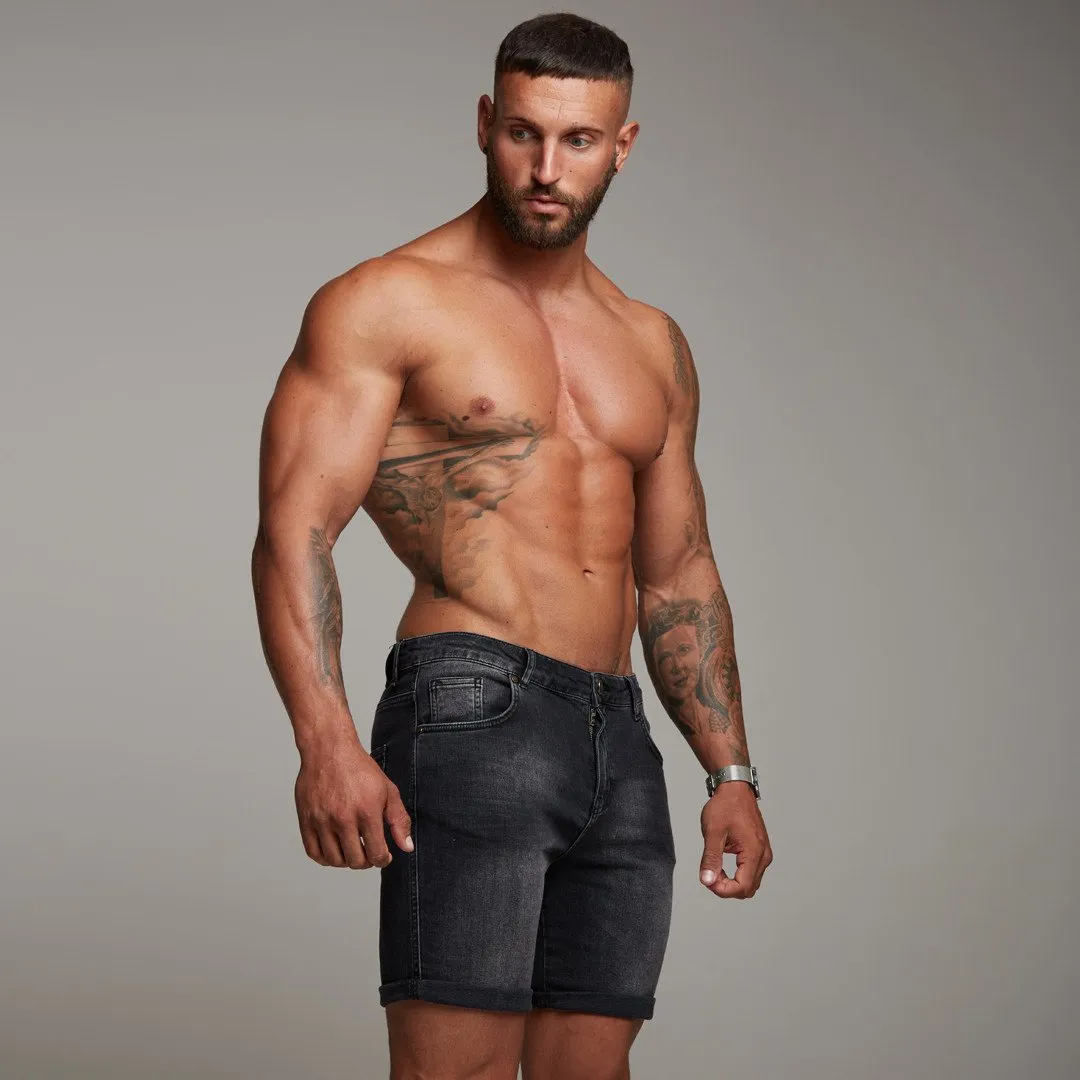 Father Sons Slim Stretch Washed Black Denim Jean Shorts - FSH139