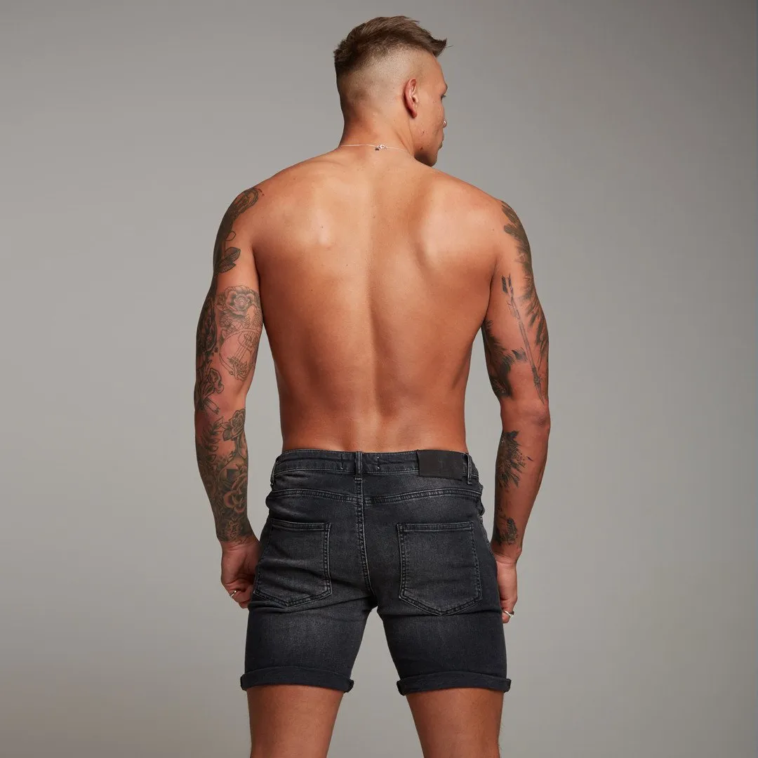 Father Sons Slim Stretch Washed Black Denim Jean Shorts - FSH139