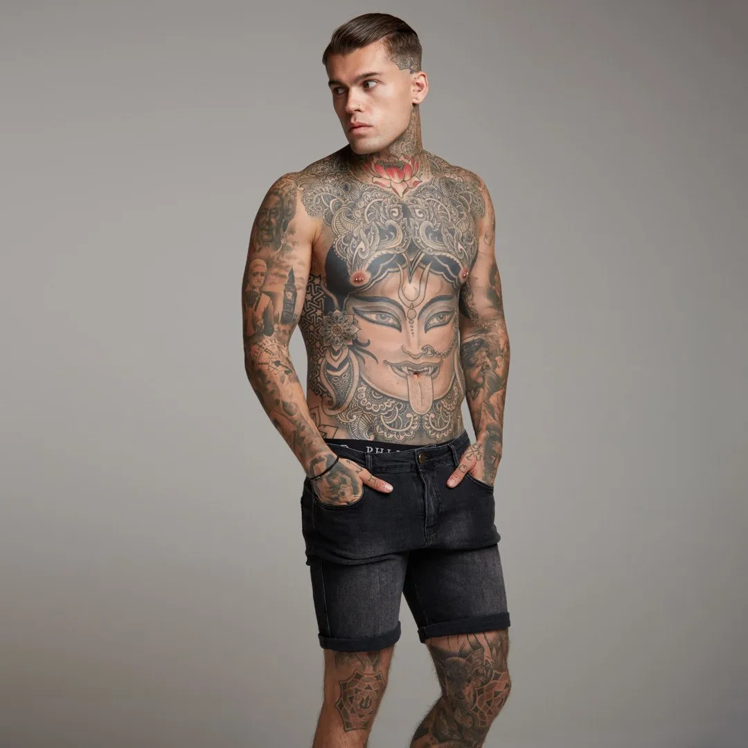 Father Sons Slim Stretch Washed Black Denim Jean Shorts - FSH139