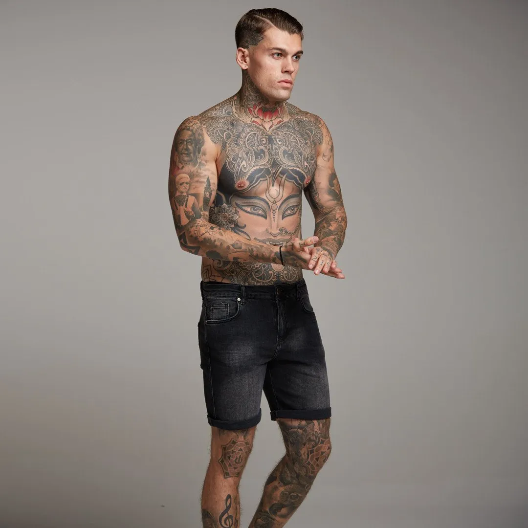 Father Sons Slim Stretch Washed Black Denim Jean Shorts - FSH139