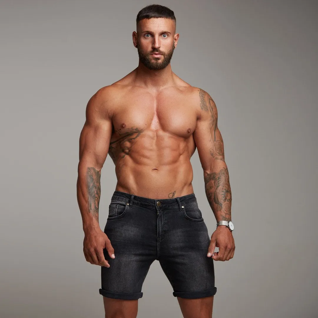 Father Sons Slim Stretch Washed Black Denim Jean Shorts - FSH139