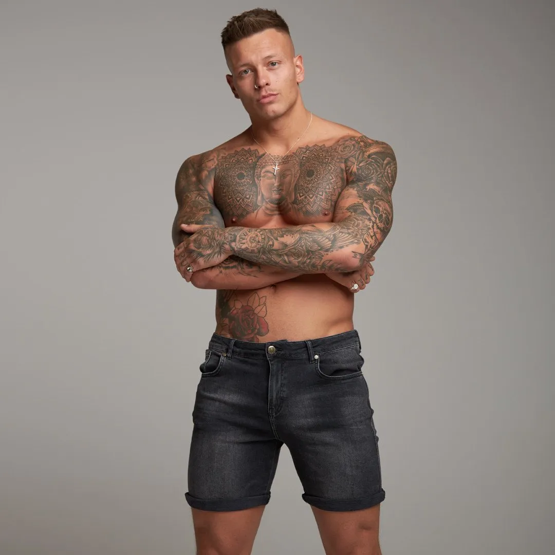 Father Sons Slim Stretch Washed Black Denim Jean Shorts - FSH139