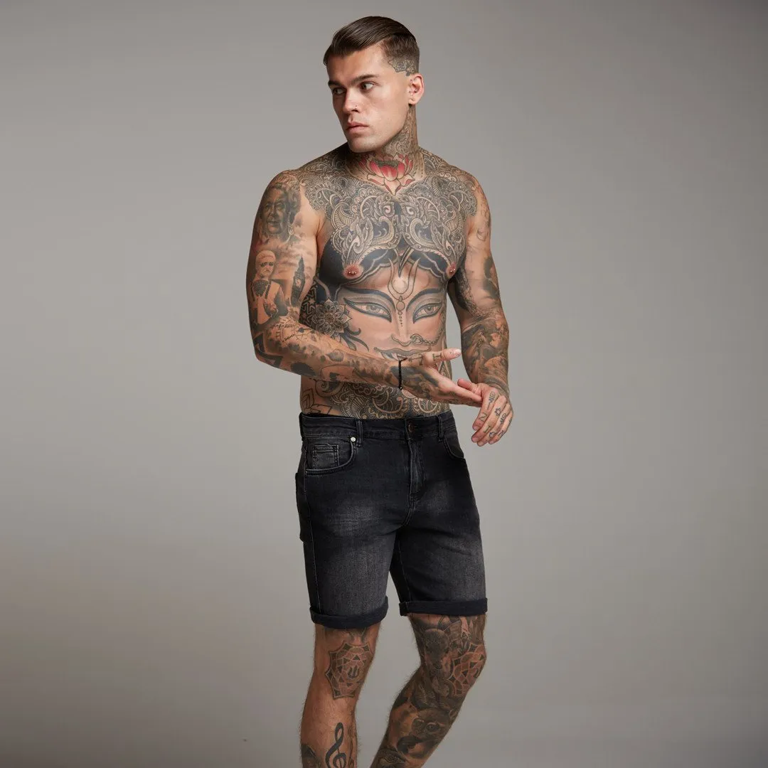 Father Sons Slim Stretch Washed Black Denim Jean Shorts - FSH139