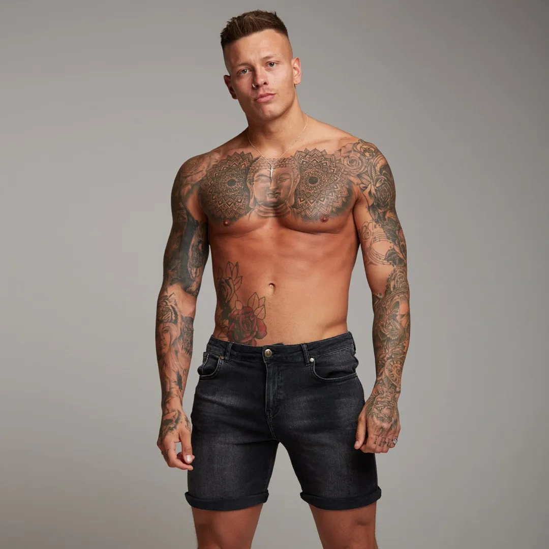 Father Sons Slim Stretch Washed Black Denim Jean Shorts - FSH139