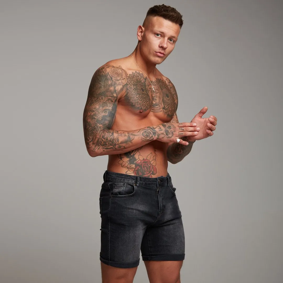Father Sons Slim Stretch Washed Black Denim Jean Shorts - FSH139