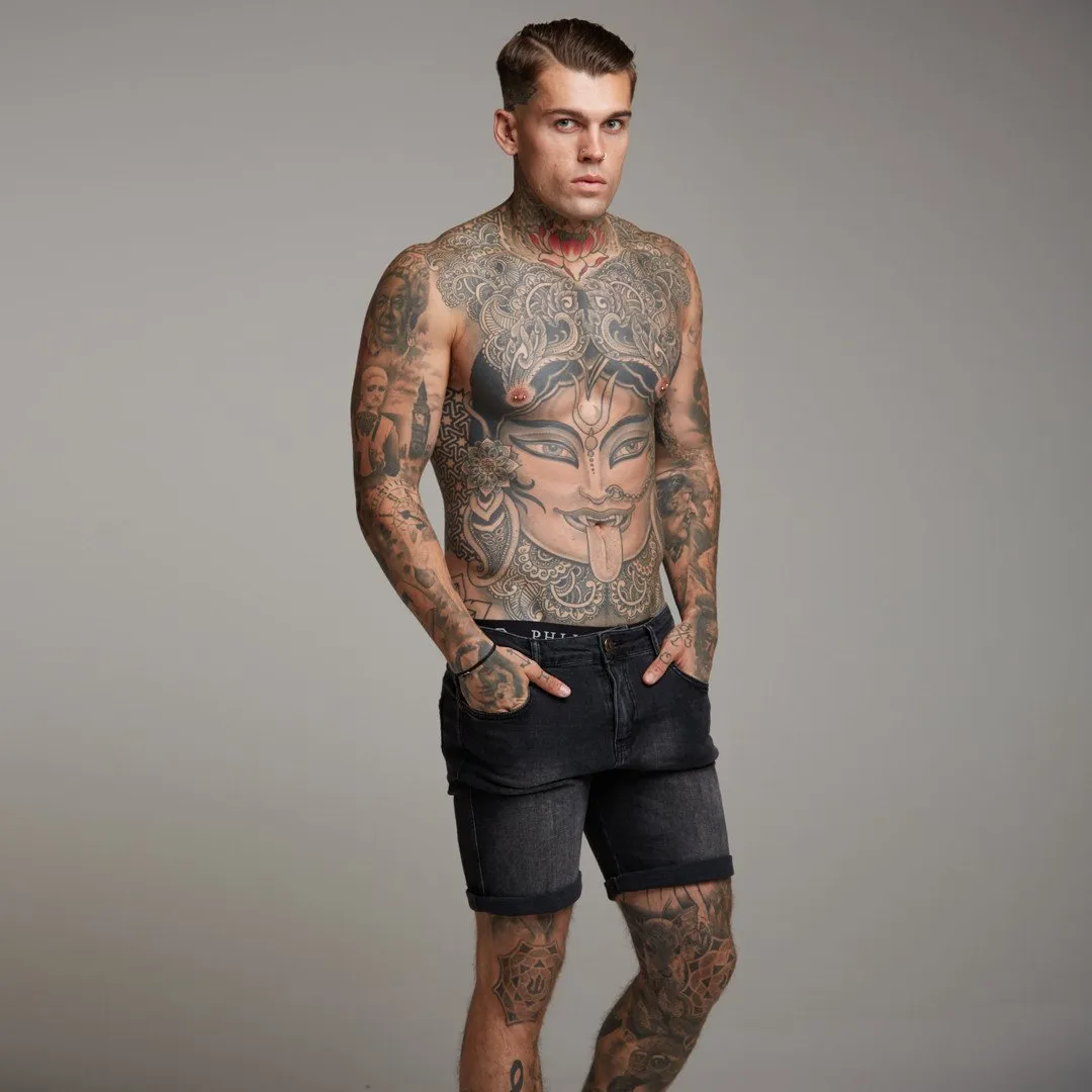 Father Sons Slim Stretch Washed Black Denim Jean Shorts - FSH139