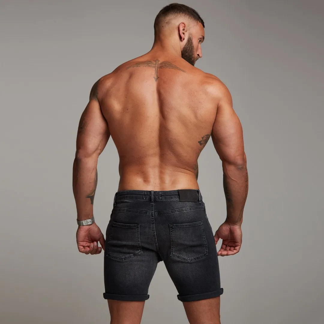 Father Sons Slim Stretch Washed Black Denim Jean Shorts - FSH139