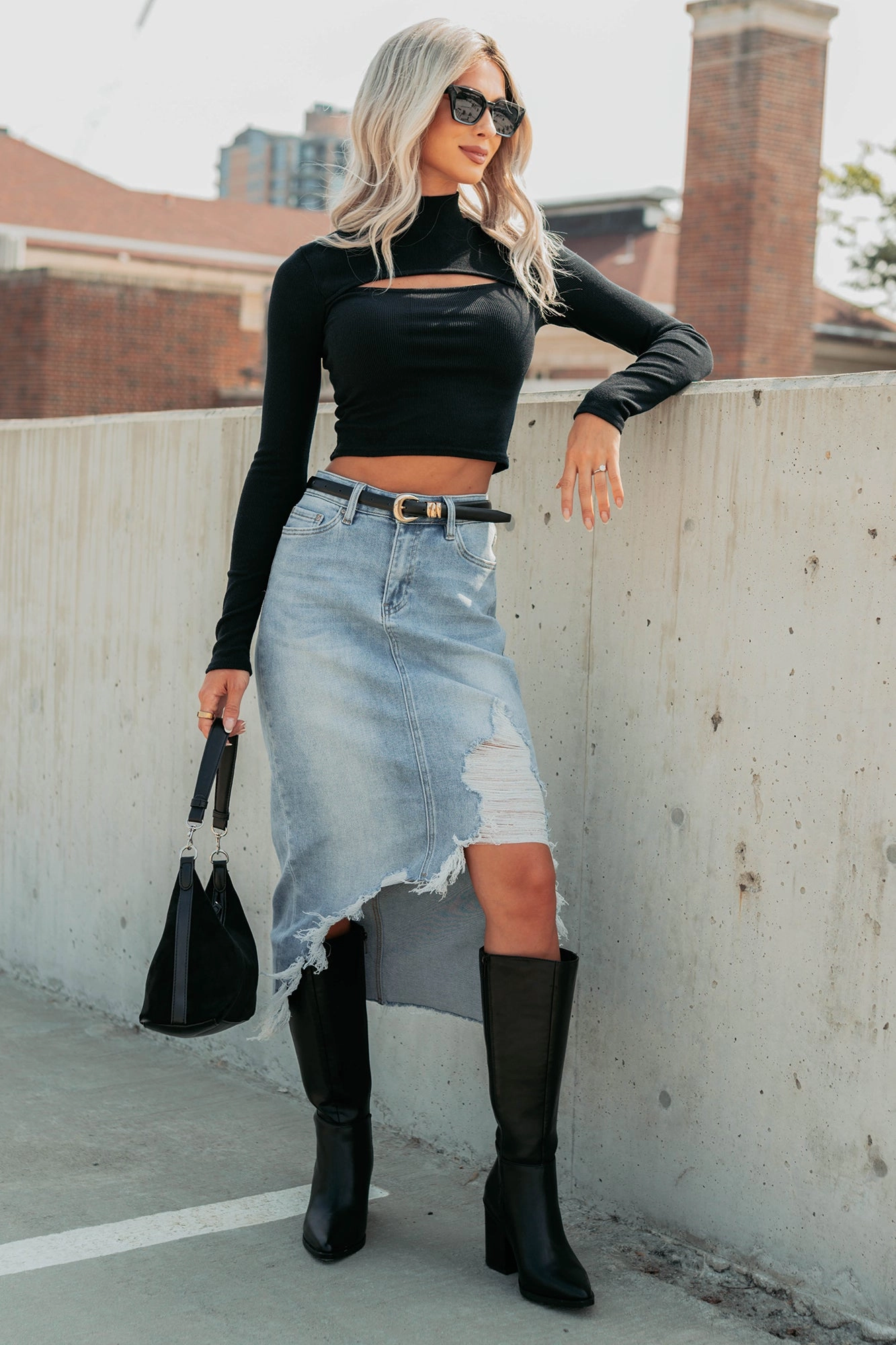 Fearless Energy Distressed Midi Skirt (Wild Blue) Airy Comfort Emerging Designer