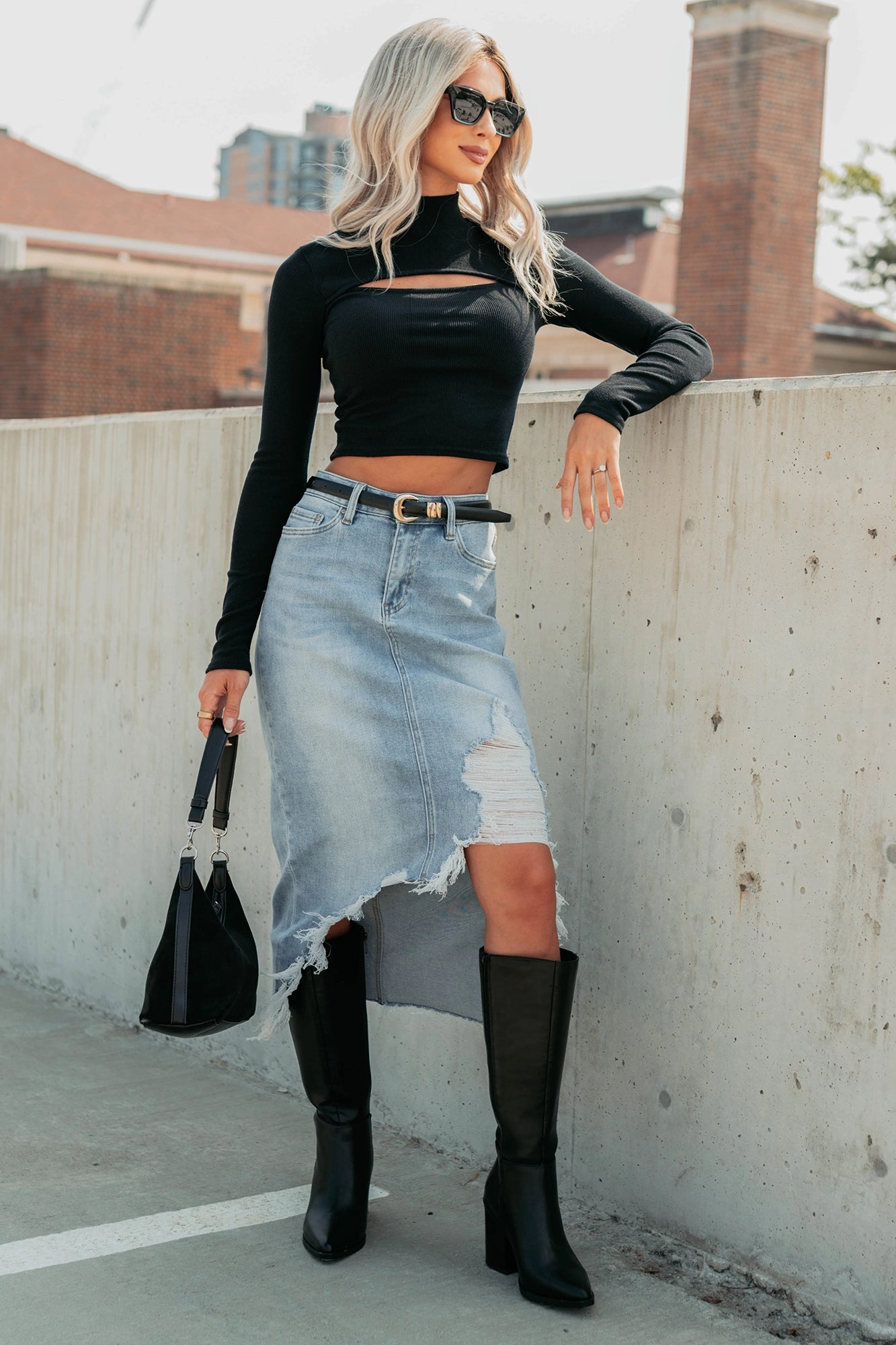Fearless Energy Distressed Midi Skirt (Wild Blue) Laser cut Cotton Rich