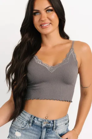 ShockAbsorbing Feel The Moment Ribbed Lace Trim Cami Top (Grey)