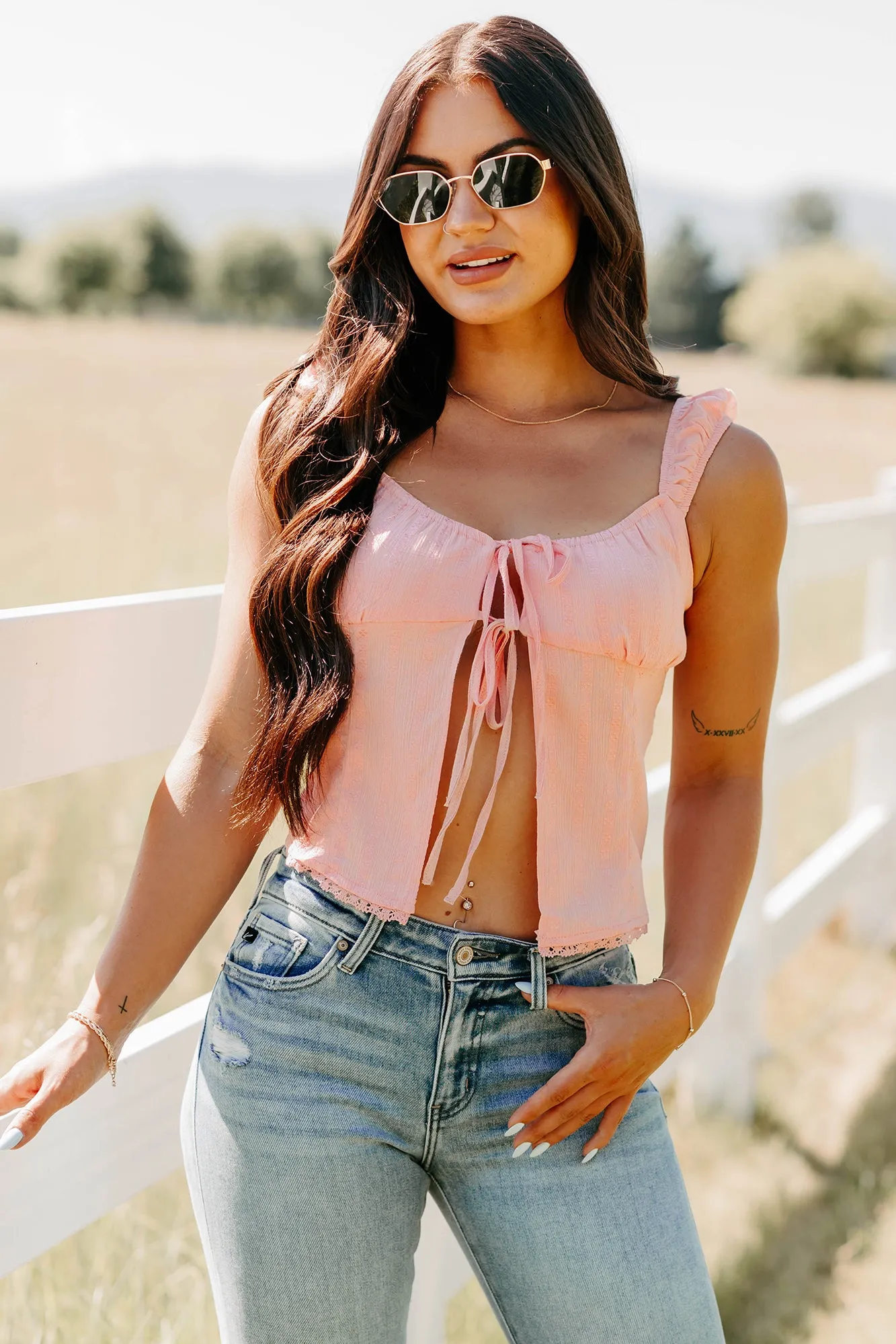 Breathable Hoodie DoubleLayered Neckline Feel The Rush Floral Tie-Front Top (Light Pink)