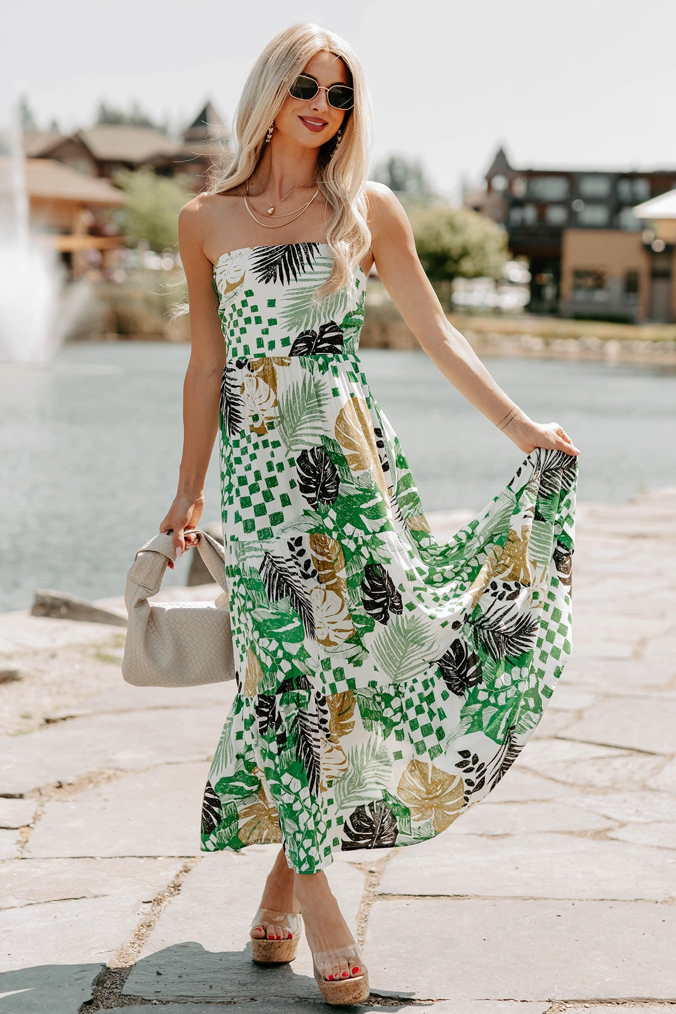 Sage Detail Feel It First Strapless Leaf Print Maxi Dress (Ivory/Green)