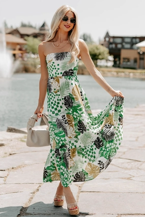 Sage Detail Feel It First Strapless Leaf Print Maxi Dress (Ivory/Green)