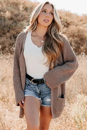 Relaxed Hoodie Feeling Right POL Chenille Knit Cardigan (Mocha)