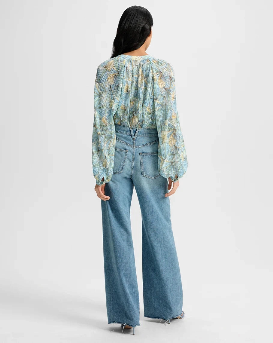 Tencel Blend Fabric BreathableMeshPanels Fennel Pleated Blouse Powder Blue Multi
