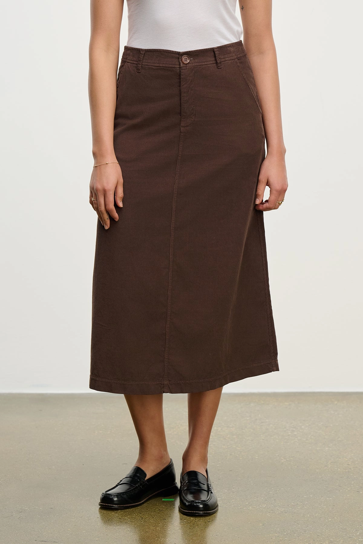 Fia Corduroy Midi Skirt in Mallard Editorial Look Hidden Zipper