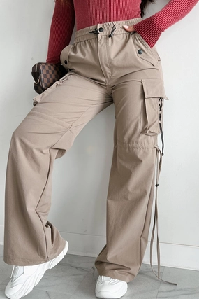 Breathable mesh design Versatile Fashion Finding My Way Wide Leg Cargo Drawstring Pants (Khaki)