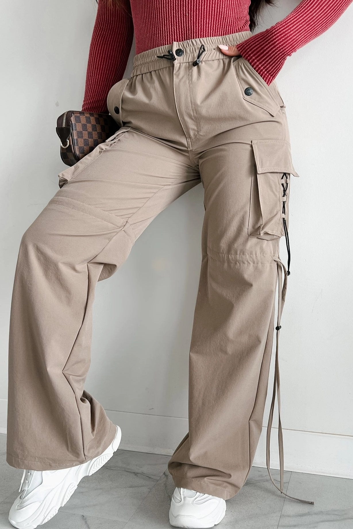 Breathable mesh design Versatile Fashion Finding My Way Wide Leg Cargo Drawstring Pants (Khaki)