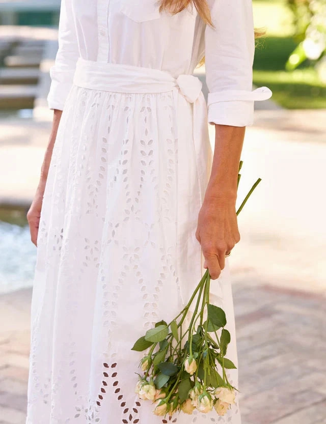 Chic Mom Polite Vibe Grace Midi Eyelet Dress White