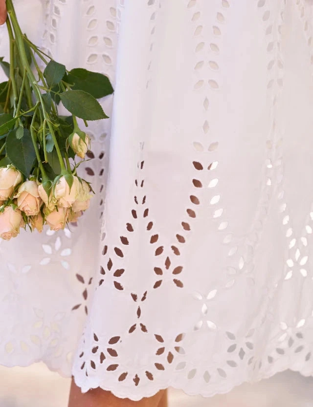 Draped Layer Grace Midi Eyelet Dress White