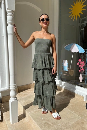 Kind Glow Front Ruffle Tiered Maxi Dress Khaki/Gold