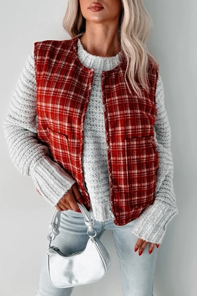 Thermal Insulation Tech Neutral Tone Stitching Fireside Chats Quilted Plaid Vest (Red Plaid)